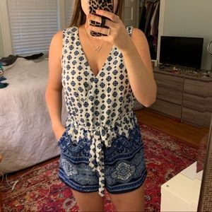 Blue and White Patterned Romper with Pockets